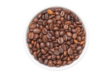 Cutout coffee beans in a white ceramic cup on white background.