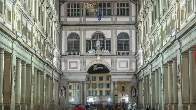 Uffizi Gallery timelapse. Prominent art museum located adjacent to Piazza della Signoria in central Florence, region of Tuscany, Italy. Night illumination of walls