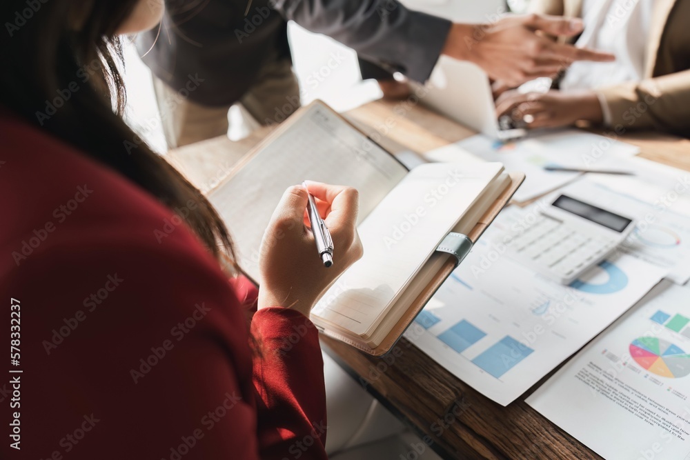 Poster cheerful business taking notes during meeting for discussing working analyzing with financial data a