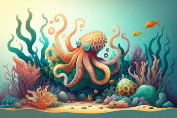 Fototapeta na wymiar cartoons of Beautiful octopus, coral and colorful reefs and algae on sand. 3d illustration of sea landscape. (ai generated)