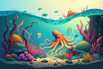 Naklejka na ściany i meble cartoons of Beautiful octopus, coral and colorful reefs and algae on sand. 3d illustration of sea landscape. (ai generated)