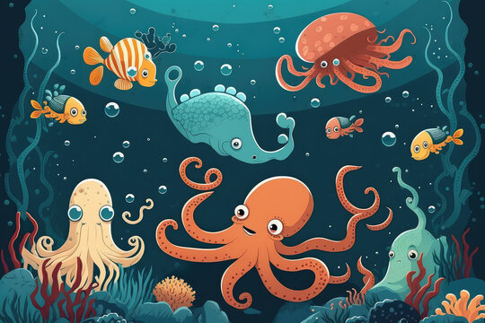 Seabed with mammals, underwater world. Animals of the sea. Background in cartoon style. Vector illustration. Ocean depth (ai generated)
