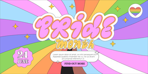 Lgbtq or pride month or day cute web banner, landing page, greeting post card, placard, flyer or poster with funny trendy groovy elements on rainbow background. Event invitation in 90s style. - obrazy, fototapety, plakaty