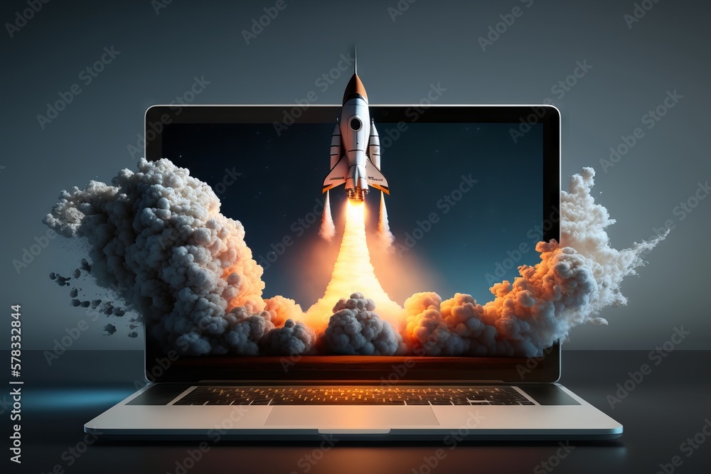 Wall mural rocket launch from a laptop screen. generative ai