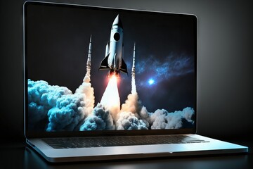 Startup rocket with laptop on dark background. Generative AI