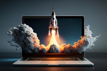 Rocket launch from a laptop screen. Generative AI