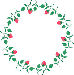 Floral round frame with pink rose flowers with leaves  vector