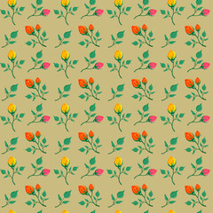 Floral pattern with yellow red and pink rose flowers