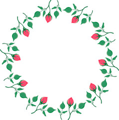Floral round frame with pink rose flowers with leaves