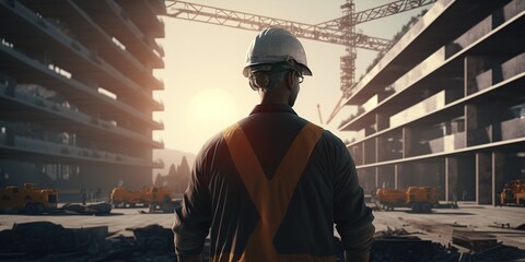 Fototapeta na wymiar construction engineer on the background of buildings under construction and cranes, generative AI