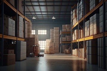 Warehouse interior with shelves and boxes. Generative AI