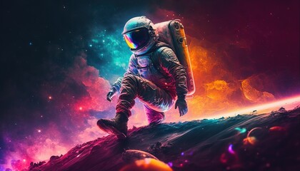 Vivid colorful illustrations of astronaut in space surfing on surfboard waves of galaxies generate ai.