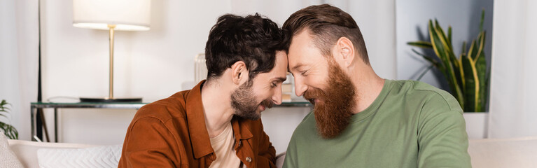 Obraz premium Side view of bearded gay couple sitting on couch at home, banner.