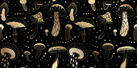 Set of various mystical mushrooms. Hippie magic boho wall art background. Psychedelic vector illustration. Magic and boho texture. Hand drawn style © merfin