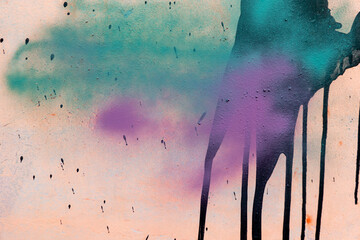 Messy paint strokes and smudges on an old painted wall background. Abstract wall surface with part of graffiti. Colorful drips, flows, streaks of paint and paint sprays