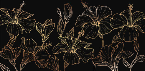 Botanical line bakground with flowers and leaves. Floral foliage for wedding invitation, wall art or card template. Vector illustration. Luxury rustic trendy art © merfin