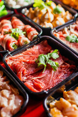 Selective focus on plenty choices of meat in pots for traditional charcoal grill BBQ style in all you can eat buffet.