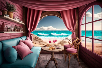 Obraz na płótnie Canvas Modern interior design of cozy cafe near the beach. Super photo realistic background, generative ai illustration.