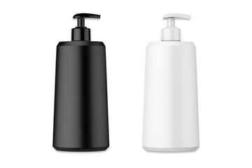 Plastic cosmetic bottle or dispenser for liquid soap, gel, lotion, cream, shampoo and bath foam. Blank black and white product packaging mockup.3d rendering