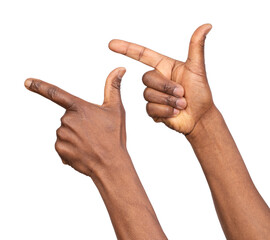 Man pointing finger in order to show something, isolated on white or transparent background	
