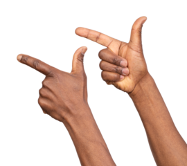 Man pointing finger in order to show something, isolated on white or transparent background	
