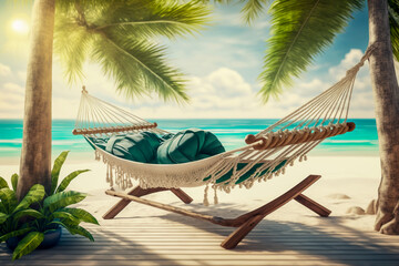 3d beautiful landscape beach sea and palm trees with hammock, super photo realistic background, generative ai
