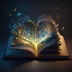 open ancient magic book with beautiful special effects, generative AI