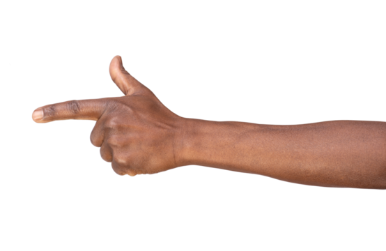 Man pointing finger in order to show something, isolated on white or transparent background	
