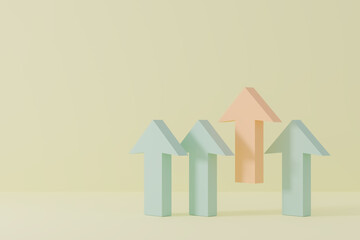 Red arrow floating over green arrow on yellow background. Unqiue and leader business success concept. 3d graphic rendering.