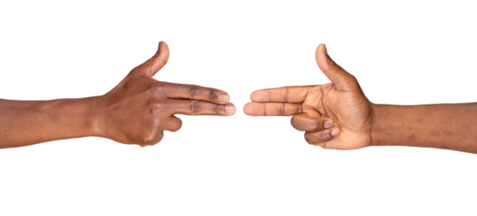 Male hands pointing with two fingers making shooting gun gesture isolated on white or transparent background. 
