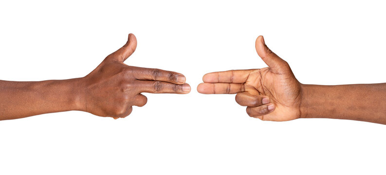 Male hands pointing with two fingers making shooting gun gesture isolated on white or transparent background. 