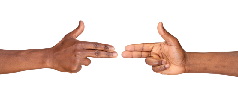 Male hands pointing with two fingers making shooting gun gesture isolated on white or transparent background. 