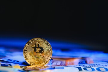 euro banknotes and coins, dollar banknotes with bitcoin. High quality photo.