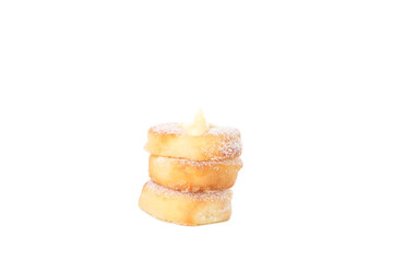 Fototapeta na wymiar Concept of tasty sweet food, cheese pancakes, isolated on white background