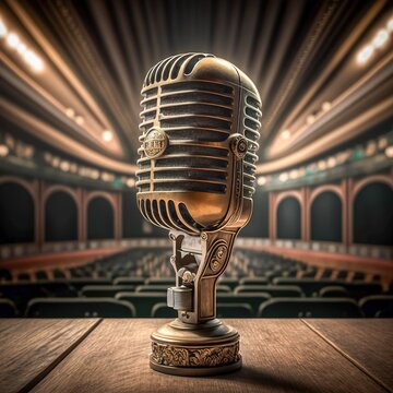 Vintage Stylish Microphone On The Background Of The Auditorium, Generative Ai