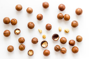 Flat lay of macadamia nuts, top view. Healthy protein food background