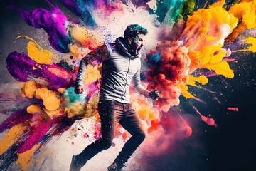 Obraz na płótnie Canvas Student Running Freely Through Cloud of Colored Powder in Cinematic Action Painting Scene, Generated AI