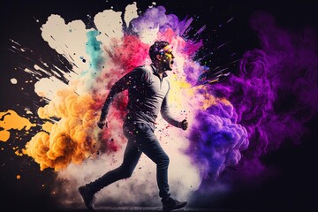 Obraz na płótnie Canvas Student Running through Explosion of Colorful Smoke in Action Painting Scene, Generated AI