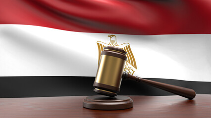 Egypt country national flag with judge gavel hammer on court desk concept of constitutional law and justice based on wood desk table 3d rendering image