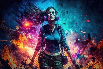 Fototapeta na wymiar Badass Gaming Woman with Headphones in Cyberpunk Art Portrait with Amazing Colorful Background, Generated AI