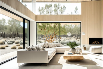Fototapeta premium Illustration of modern light apartment with big windows created with Generative AI technology.