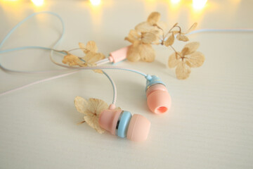pastel pink and blue earphone on white table with dry flowers