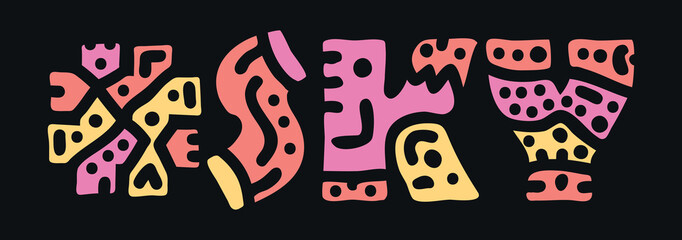 SKY Hashtag. Doodle isolate text. Colored curves decorative doodle letters. Folk artwork style. Hashtag #SKY for print, booklet, banner, flyer. Stock vector.