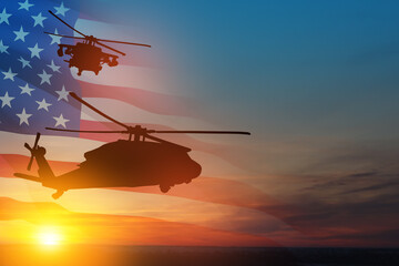Silhouettes of helicopters on background of sunset with a transparent American flag. Greeting card for Veterans Day, Memorial Day, Air Force Day. USA celebration.