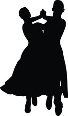 couple dancer dancing viennese waltz, front view black silhouette on white background, vector illustration