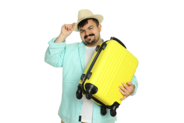 Concept of travel, man with suitcase, isolated on white background