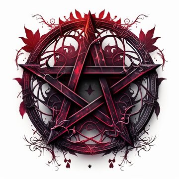 Illustration of a gothic pentagram, black and dark red pallet, gothic deep colours, white background