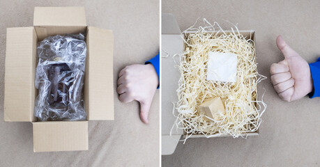 Before and after. Biodegradable filler in parcel packaging vs plastic filler. Box with a filler...