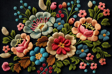 Embroidered Flowers, Close Up Detail, Colorful Flowers made of Yard, generative AI