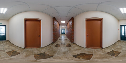 full seamless spherical hdri 360 panorama in interior of long empty corridor room in modern apartments, office with many wooden doors  in equirectangular projection